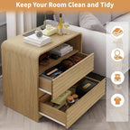 Fluted Nightstand with Charging Station, 23.6'' Wide Morden End Table 2 Drawers & Open Shelf, Curved Profile Design, Wood Bedside Table for Bedroom (Natural Oak, 2 Pieces)
