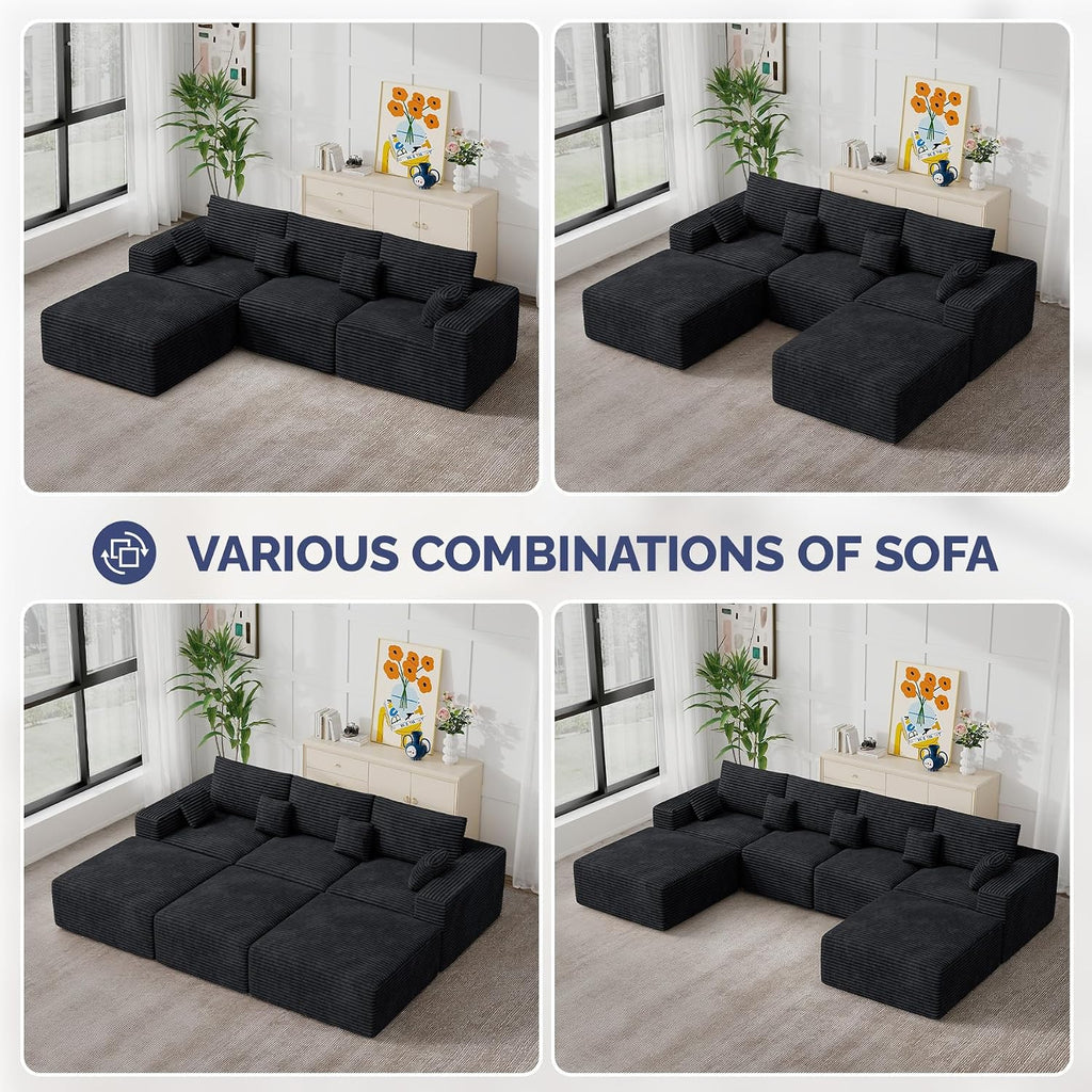 113" L-Shaped Boneless Couch, Modern Modular Sectional Sofa with Deep Seat, Convertible Corduroy Cloud Couches for Living Room,Black,1 PCS