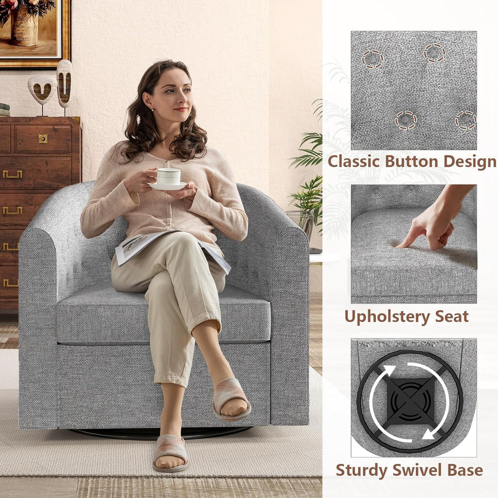 Simore Swivel Accent Chair for Living Room, Breathable Fabric Round Swivel Barrel Chair Armchair for Nursery Office Bedroom, Dark Gray