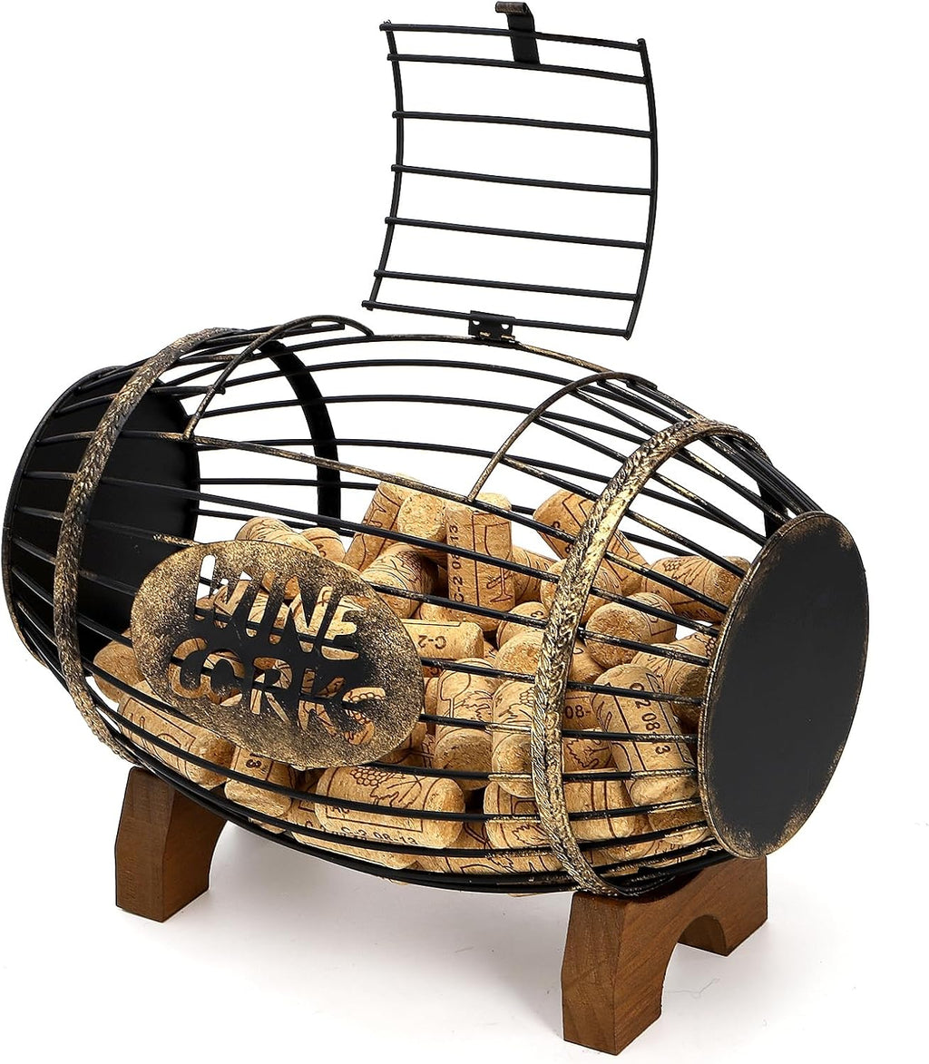 ZOOFOX Wine Cork Holder with Wood Stand, Rustic Metal Cork Container for Display and Storage, Decorative Vino Cork Barrel for Kitchen, Great Gift Idea for Wine Lover, No Assembly Required