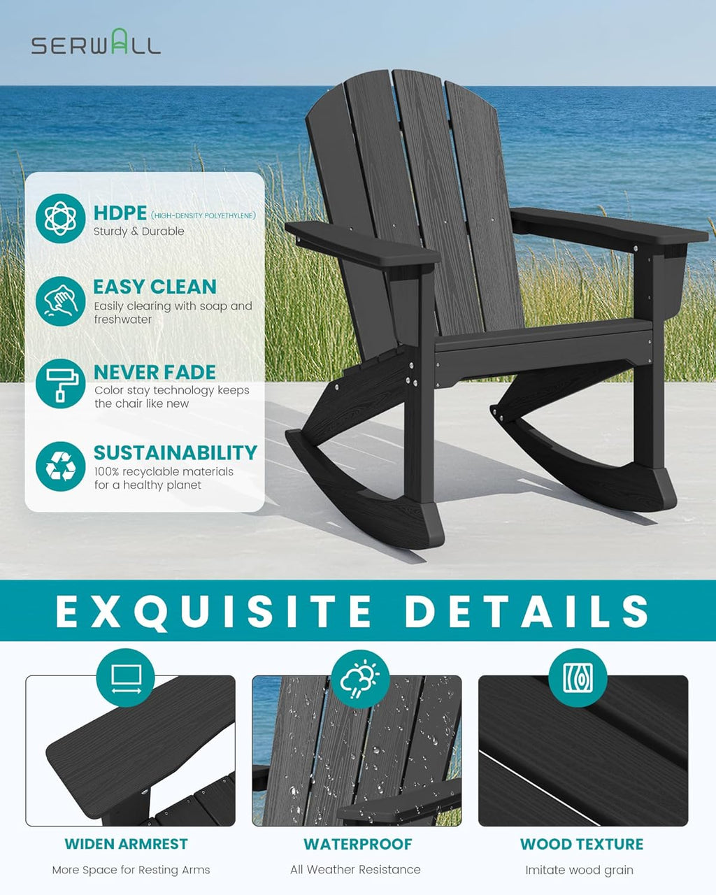 SERWALL Outdoor Adirondack Rocking Chairs Set of 2 with Pillows(500 PP Cotton Filling), All-Weather HDPE Adirondack Rocker Chair, Front Porch Rocker Chairs for Patio Lawn Porch Deck, Black