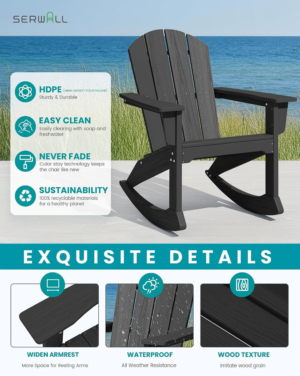 SERWALL Outdoor HDPE Adirondack Rocking Chairs Set of 2, All-Weather, Black | The rocking chair features safe rocking design, ergnomic structure and all-weather HDPE frame for lasting outdoor use