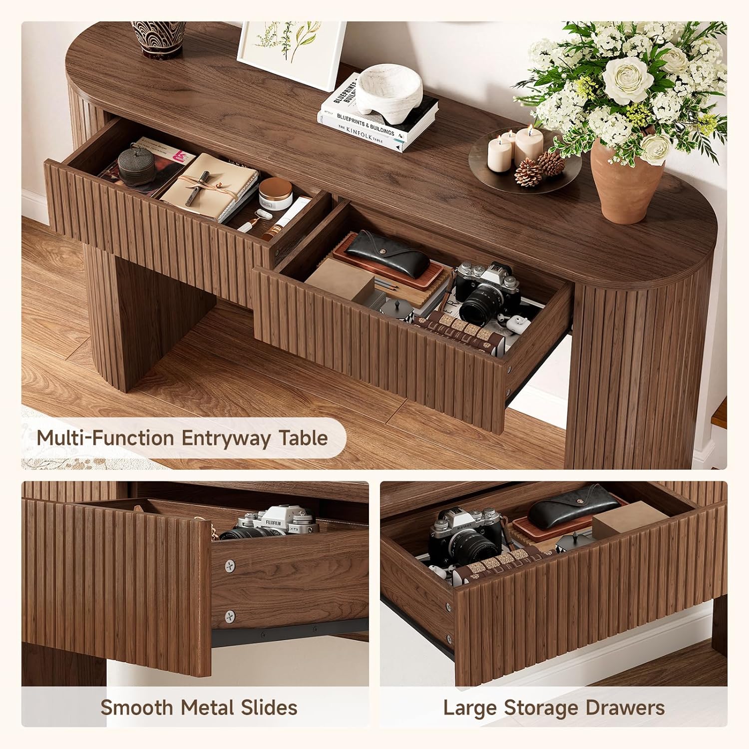 Console Table with Storage Drawers, 55 Inch Fluted Entryway Tables, Mid-Century Sofa Table Behind Couch, Wood Thin Hallway Tables, Modern Foyer Table for Living Room, Hallway, Accent Home Decor Walnut