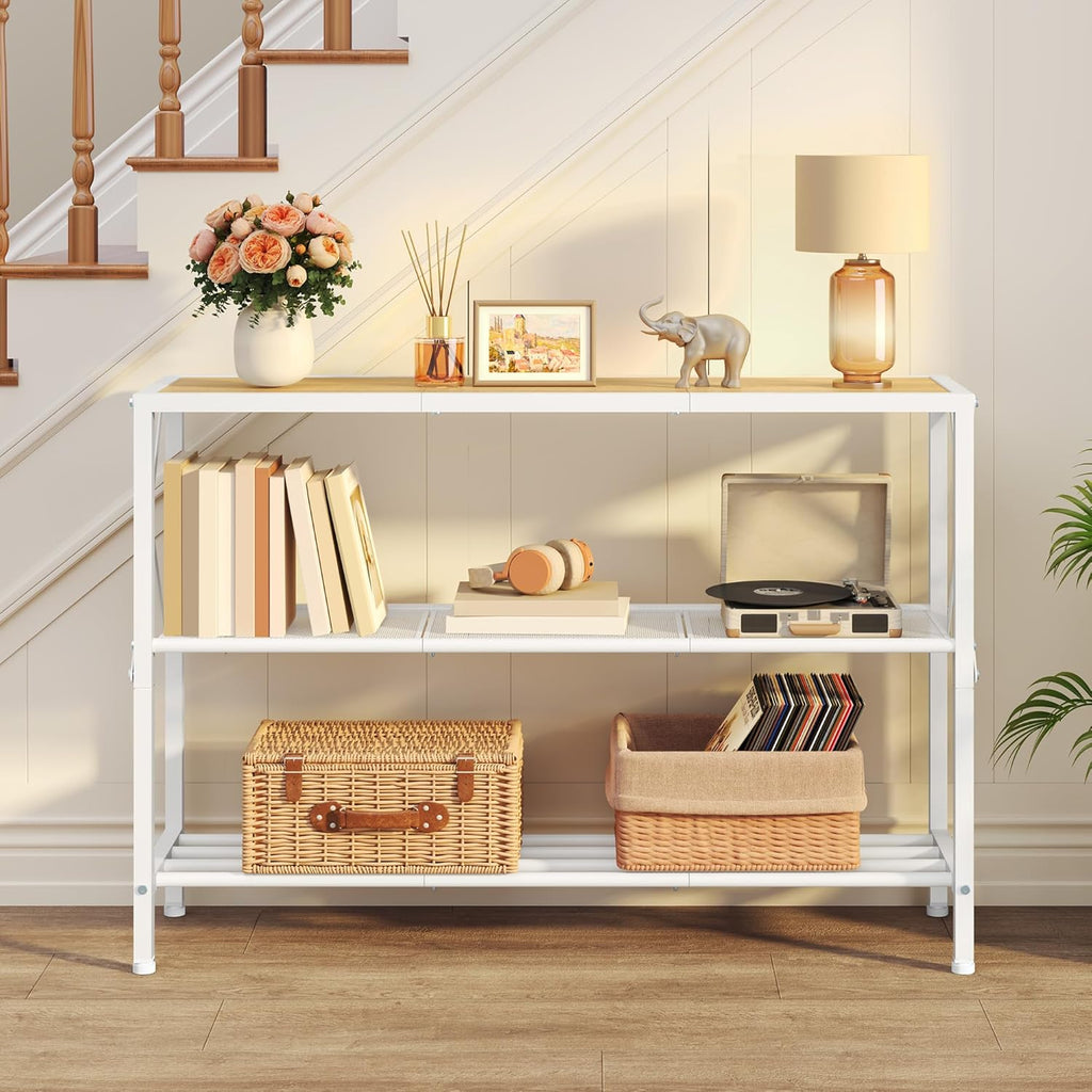 Hoctieon Industrial Console Table, 3 Tier Entryway Tables, Hallway Desk, Narrow Sofa Tables with Shelves, Entrance Table for Entryway, Living Room, Foyer, Hallway, Office, Oak Beige