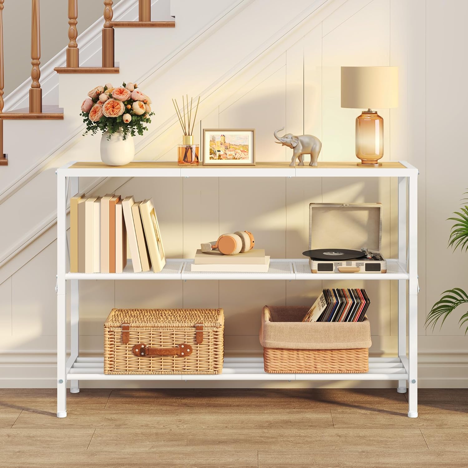 Hoctieon Industrial Console Table, 3 Tier Entryway Tables, Hallway Desk, Narrow Sofa Tables with Shelves, Entrance Table for Entryway, Living Room, Foyer, Hallway, Office, Oak Beige