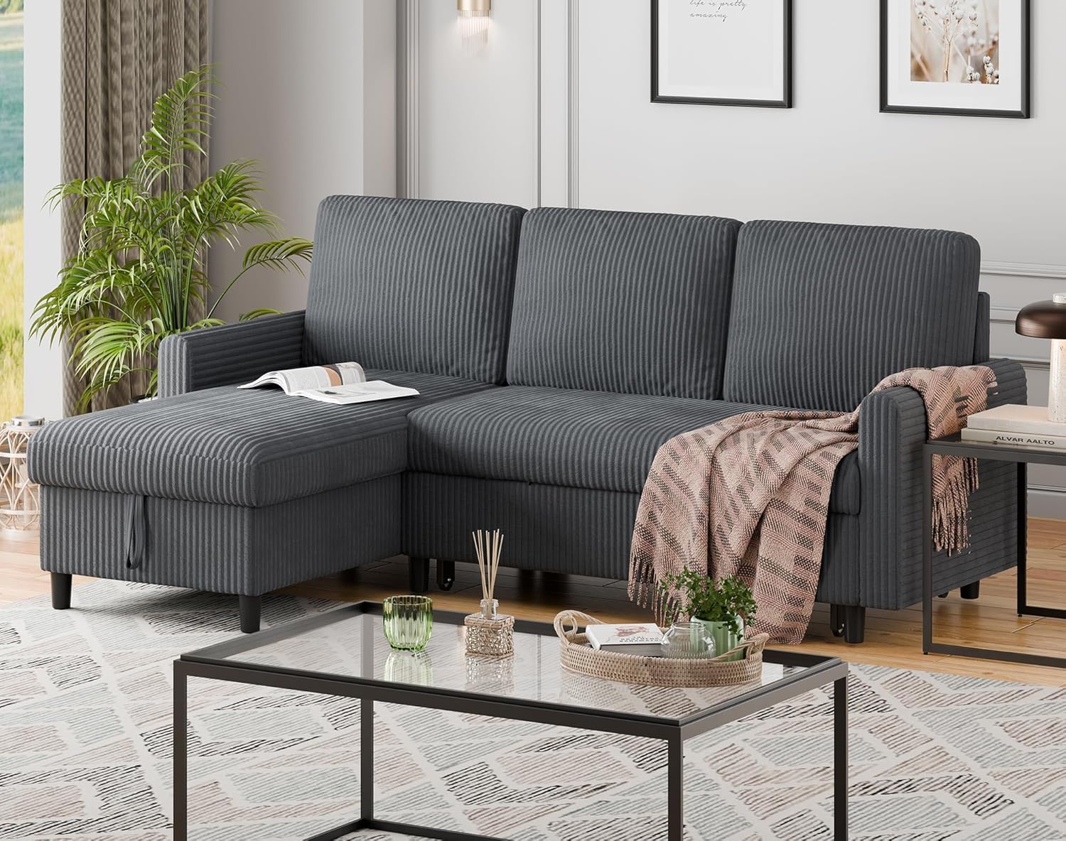 Walsunny 77" Sectional Sleeper Sofa with Pull Out Bed, Modern L-Shaped Corduroy Convertible Couch with Storage Chaise, Reversible Sofa Bed for Small Spaces, Apartment, Office, Dark Grey