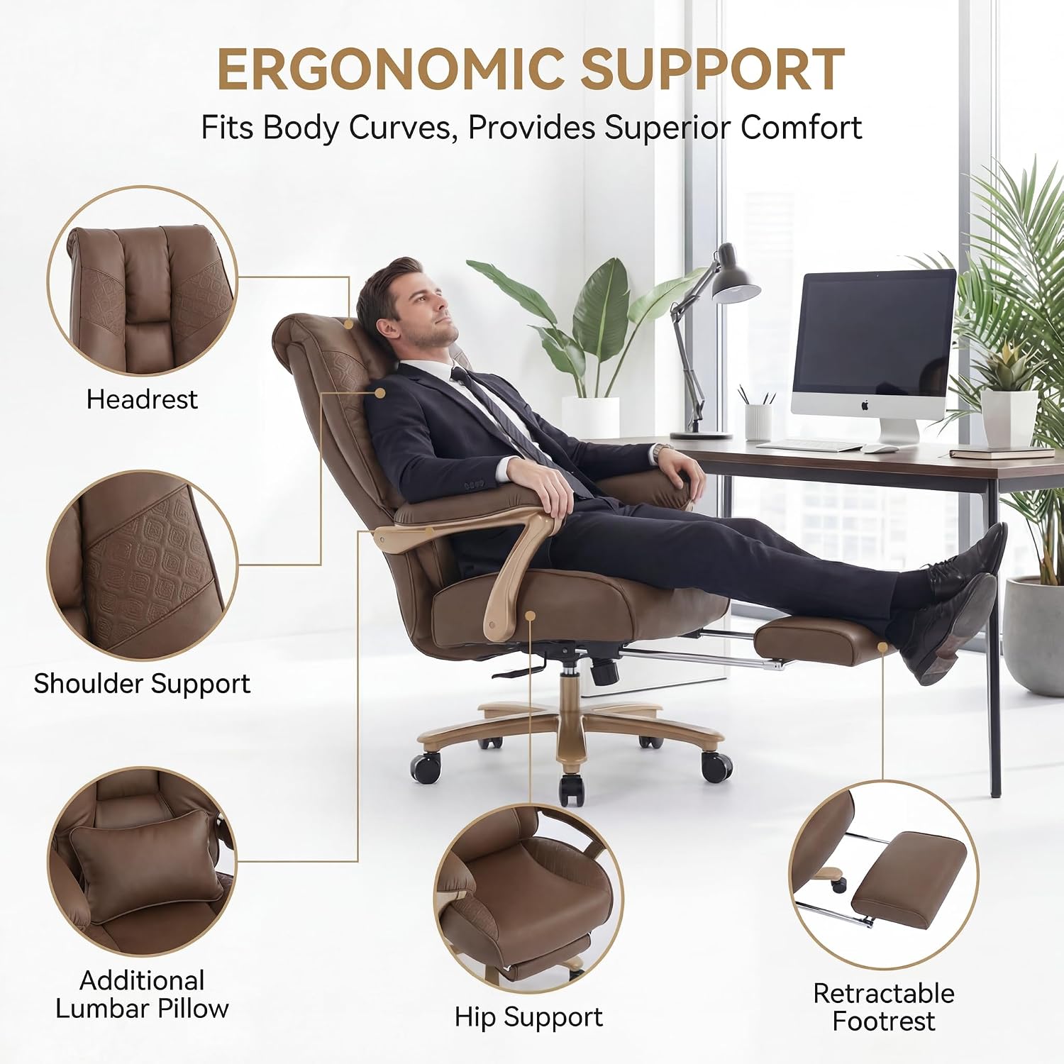 EXCEBET Big and Tall Office Chair 400lbs Wide Seat, Ergonomic Executive Desk Office Chair with Footrest, High Back PU Leather Chair with Lumbar Support, Padded Armrests, Heavy Duty Base, Brown