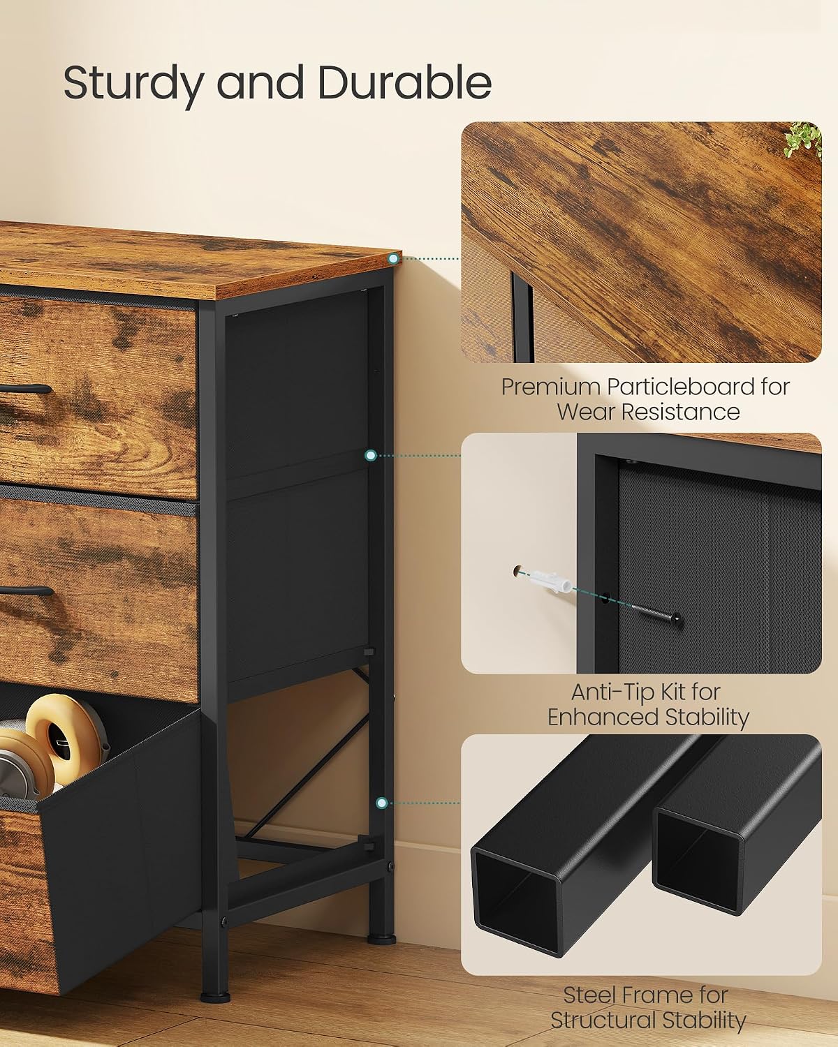 SONGMICS BELLAH Collection - Dresser for Bedroom, TV Stand for TVs Up to 55 Inches, Chest of Drawers for Living Room, Closet, Steel, 9 Drawers, Industrial, Rustic Brown and Ink Black ULGS033KD02S