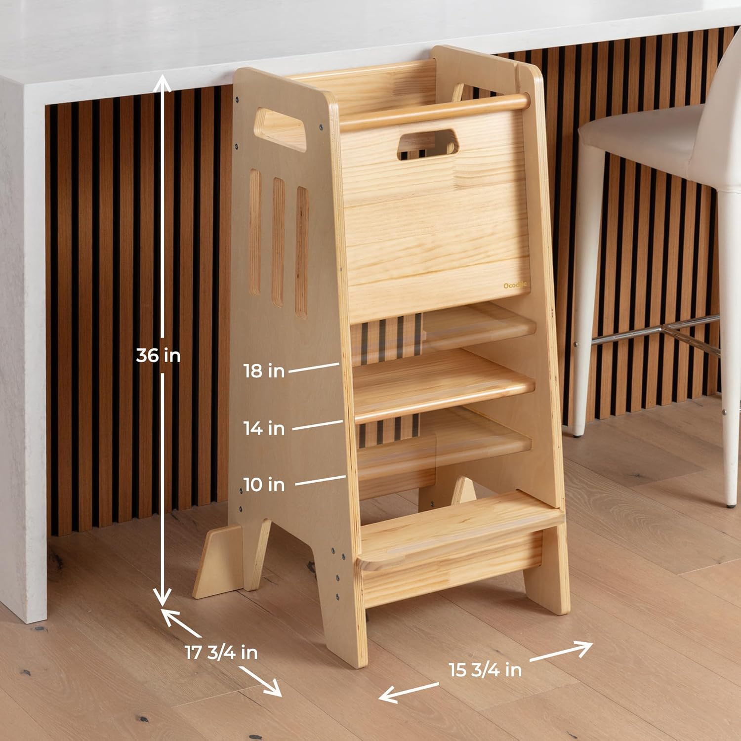 OCODILE Toddler Tower with a Sliding Door and 3 Adjustable Heights - Safe Toddler Kitchen Step Helper with Support Feet - Updated Design for 18+ Months to 6-Year-Old Kids - Varnished