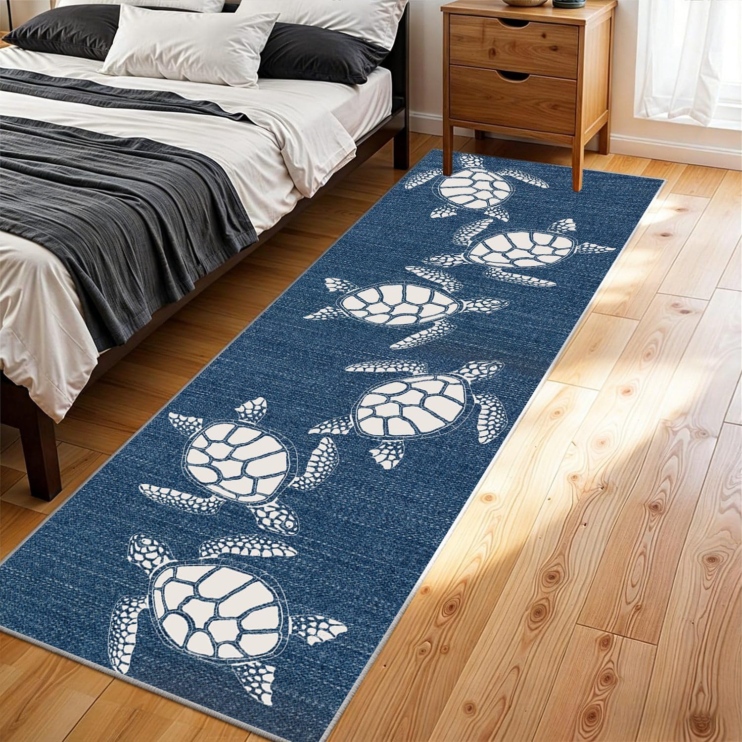 Navy Blue Sea Turtle Runner Rug 2x6, Coastal Nautical Ocean Theme, Washable Non-Slip Long Hallway Carpet Kitchen Mat Floor Area Rug for Laundry Room Entryway