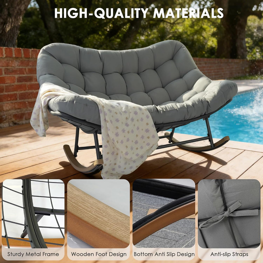 Double Papasan Rocking Chair, Oversized Outdoor & Indoor Loveseat with Thick Cushion, Heavy-Duty Steel Frame, 660 lbs Capacity, Egg Rocking Chair for Porch, Patio, Garden, Living Room (Gray)