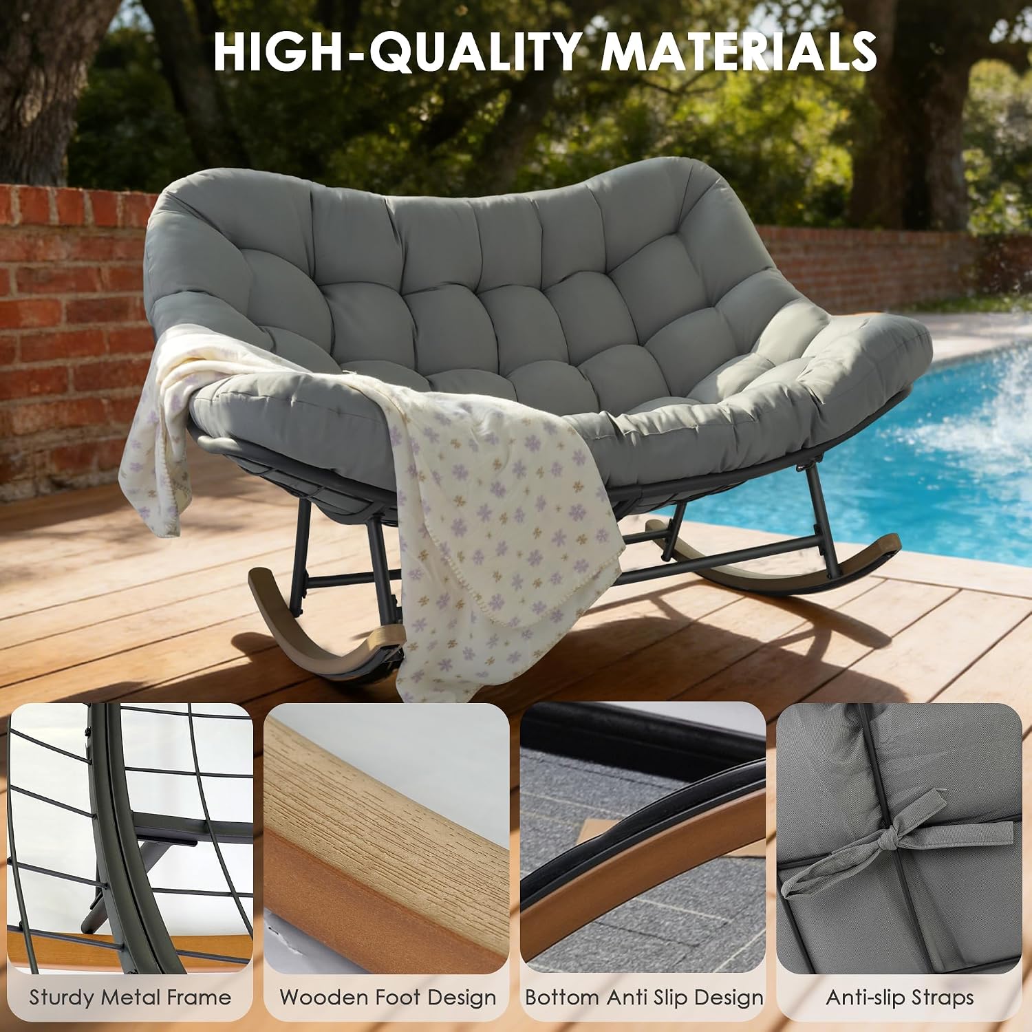Double Papasan Rocking Chair, Oversized Outdoor & Indoor Loveseat with Thick Cushion, Heavy-Duty Steel Frame, 660 lbs Capacity, Egg Rocking Chair for Porch, Patio, Garden, Living Room (Gray)