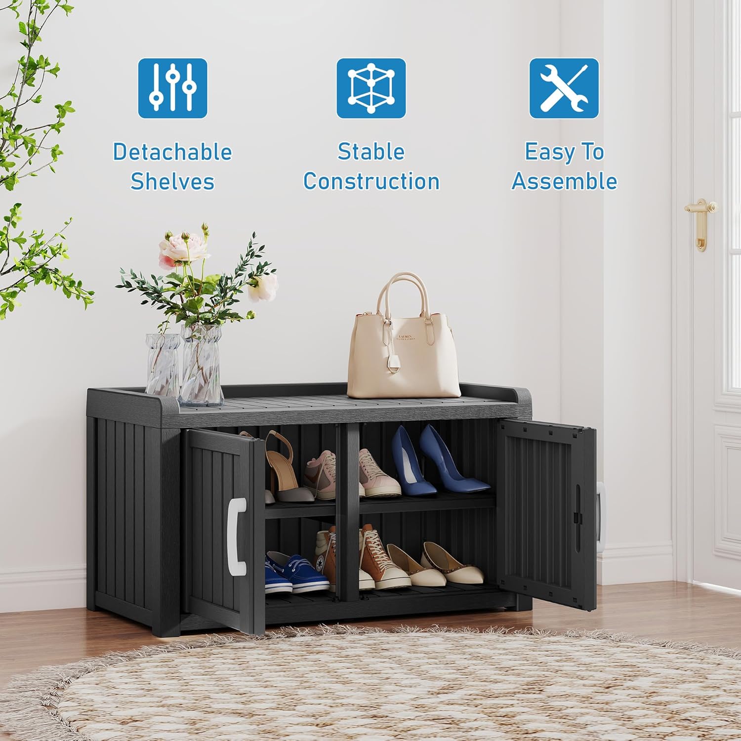 2-Tier Storage Bench, Waterproof UV-Resistant Outdoor Shoe Storage Cabinet with 2 Doors & Adjustable Shelves for Indoor Outdoor Entryway, Hallway, Living Room (Black)