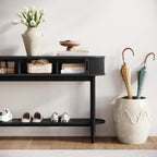 LINSY Fluted Console Table with Storage and Shelves, Black | Entryway Table, Wood Entrance, Behind Couch Sofa Table, Foyer Tables for Hallways, Living Room Boho Furniture, Narrow Long