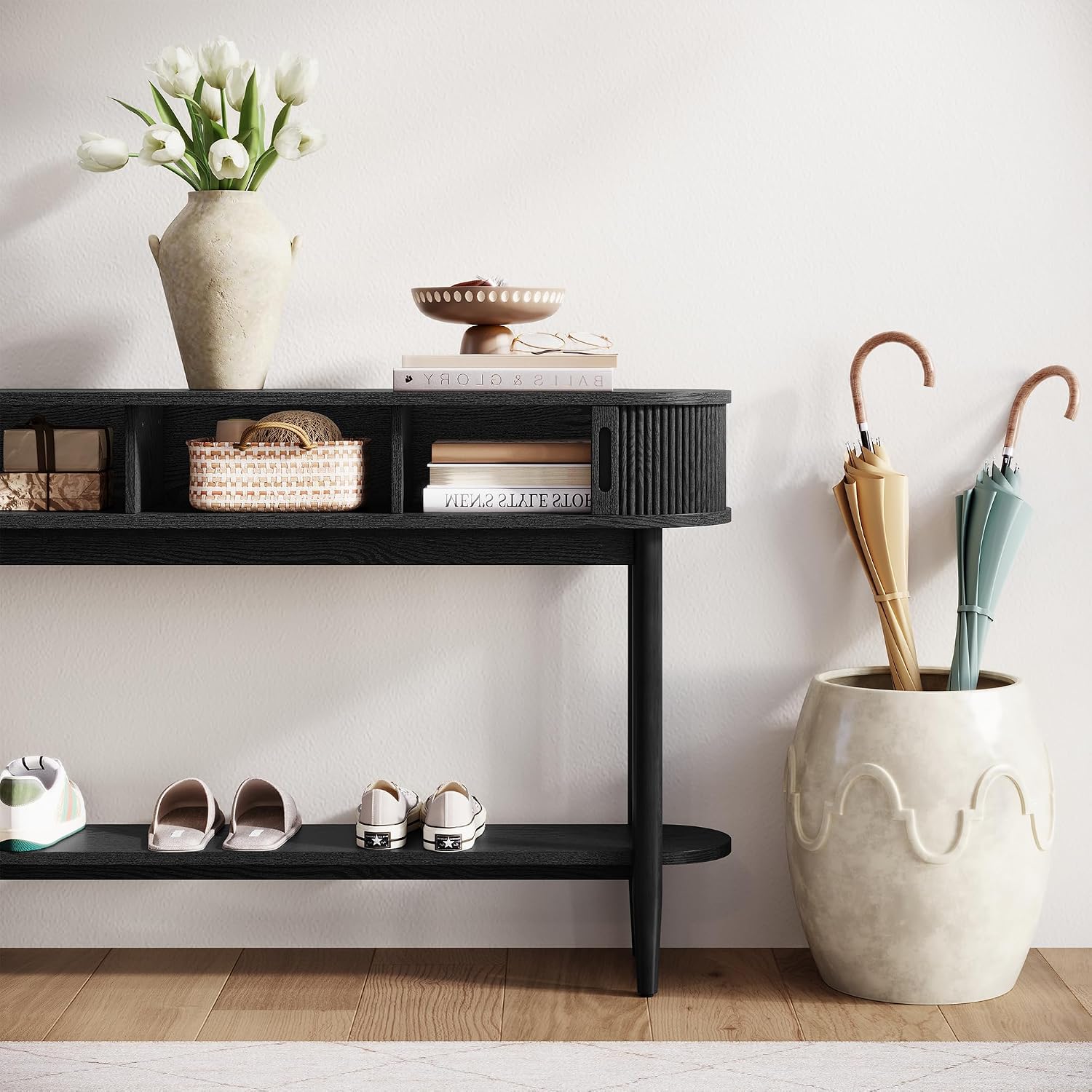 LINSY Fluted Console Table with Storage and Shelves, Black | Entryway Table, Wood Entrance, Behind Couch Sofa Table, Foyer Tables for Hallways, Living Room Boho Furniture, Narrow Long