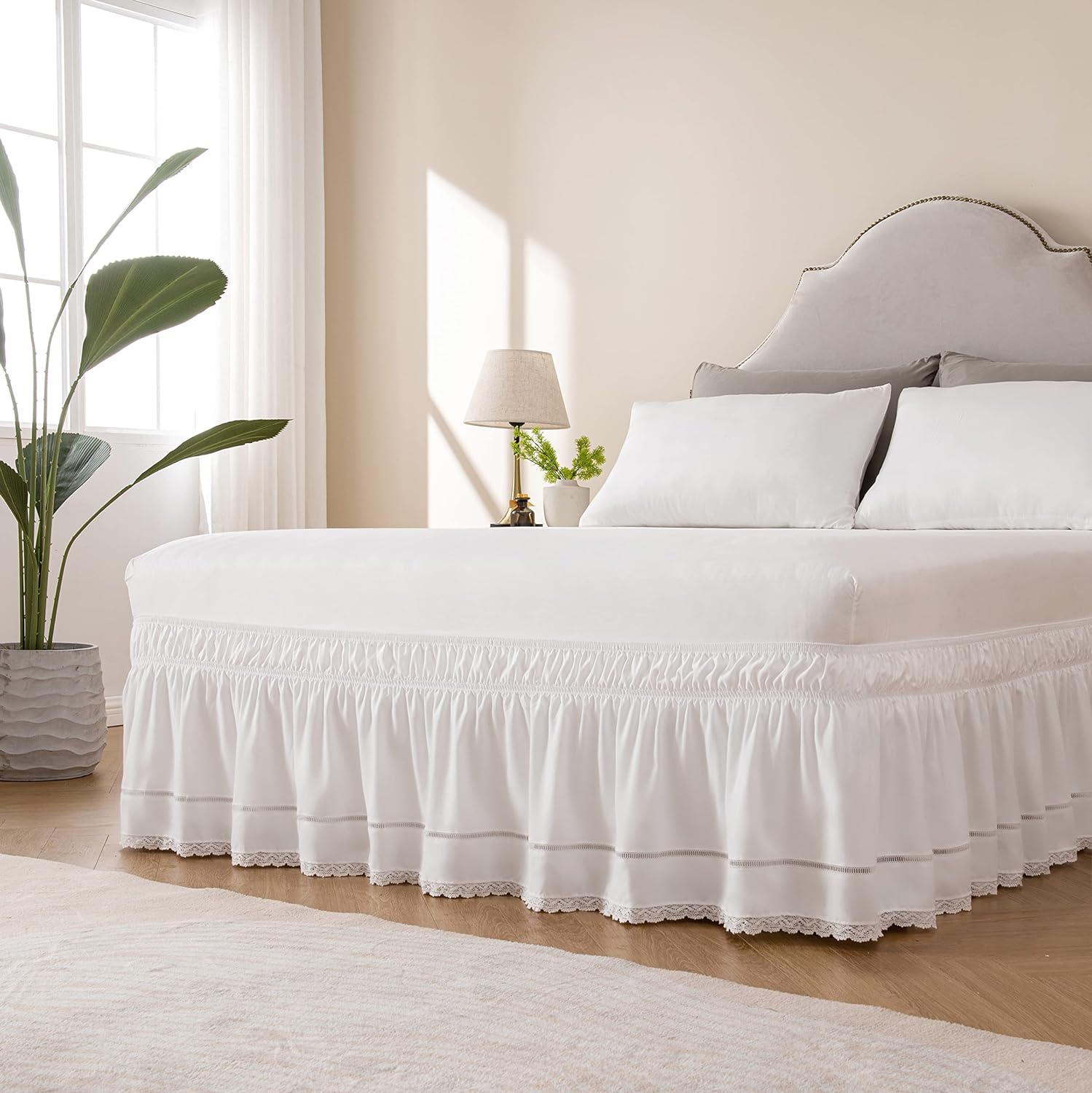 MIYE Wrap Around Ruffled Lace Bed Skirt, Elastic Dust Ruffle with Adjustable Belts, Easy to Put On, Bed Frame Cover, Machine Washable (Floral Lace/White, King/Queen-15 Drop)