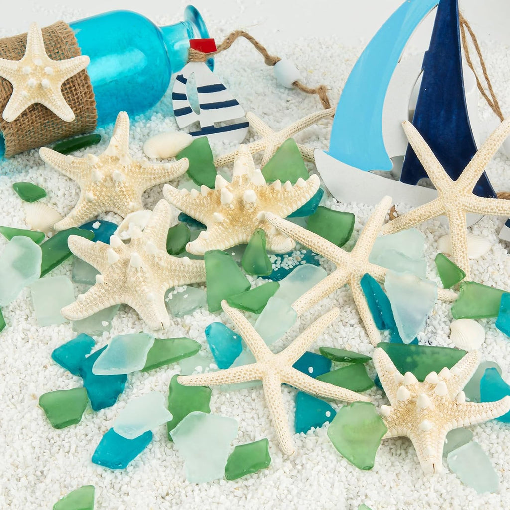 JQAQJU 8PCS Starfish & 9OZ Green Sea Glass Decor for Crafts, Frosted Seaglass Pieces & Starfish, Beach Glass for Crafts Wedding DIY Crafting Ornaments Christmas