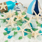 JQAQJU 8PCS Starfish & 9OZ Green Sea Glass Decor for Crafts, Frosted Seaglass Pieces & Starfish, Beach Glass for Crafts Wedding DIY Crafting Ornaments Christmas