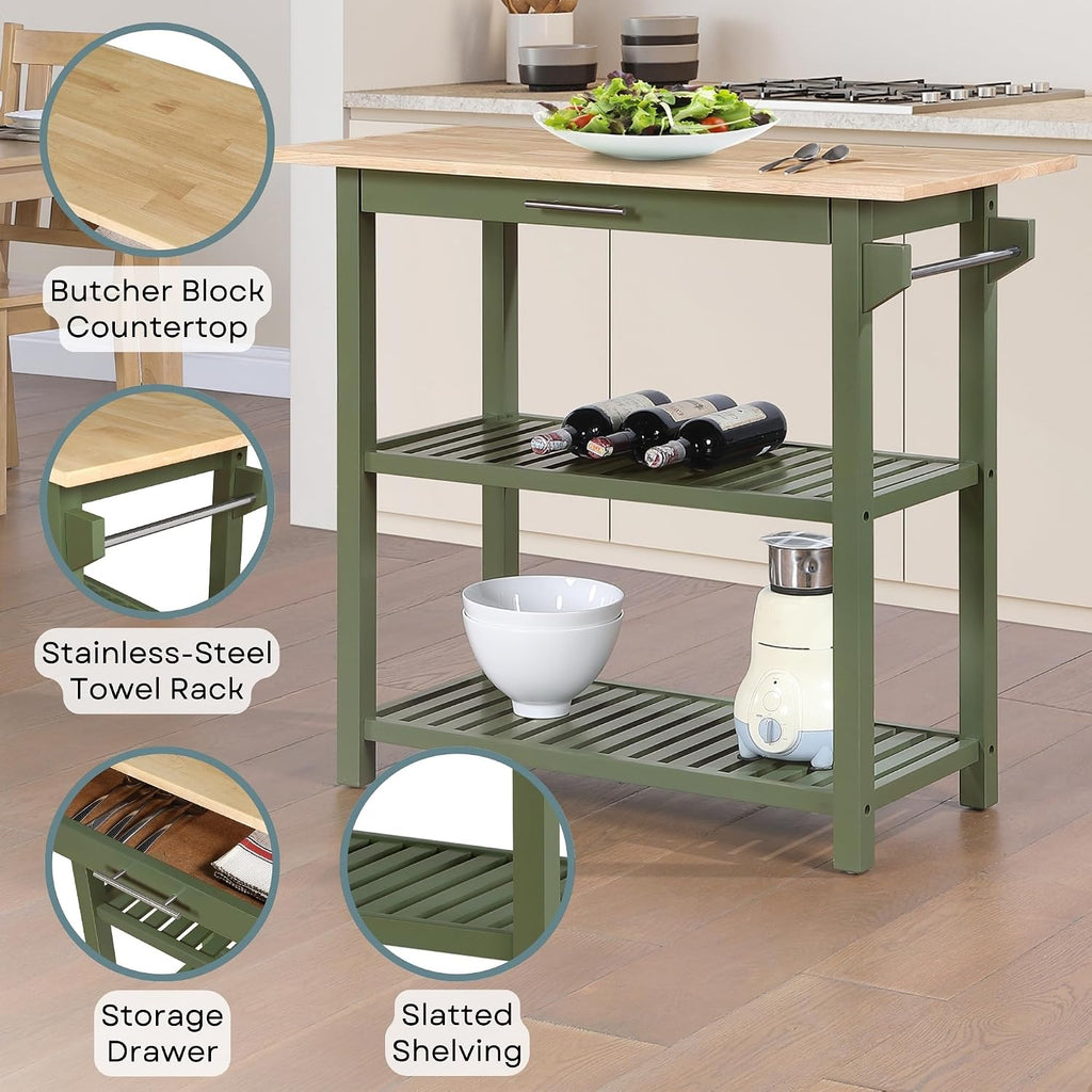 Convenience Concepts Designs2Go 3 Tier Butcher Block Kitchen Prep Island 40" - 3 Tier Modern Cooking Cart with Drawer, Food Serving Station for Kitchen, Dining Room, Dark Green Sage