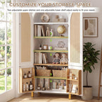 71" Tall Arched Cabinet with Rattan Doors & Adjustable Shelves, White | 4-Door Modern Farmhouse Storage Cabinet with Built-in Racks – Versatile Organizer for Kitchen, Dining Room, Study, Sturdy MDF