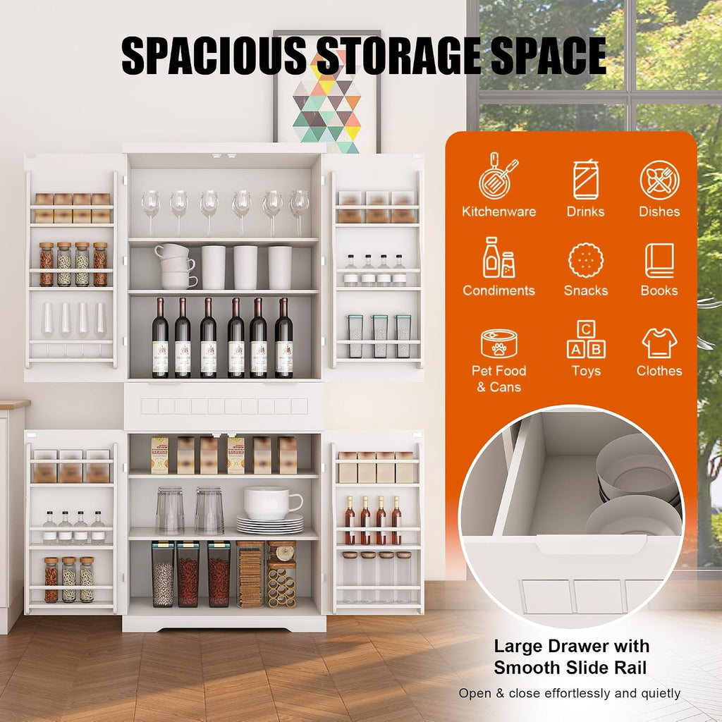 71" Tall Kitchen Pantry Cabinet with Drawer & Adjustable Shelves, Freestanding Buffet Table Coffee Bar Wine Bar Storage Cabinet Cupboard for Kitchen, Living Room, Bathroom,White
