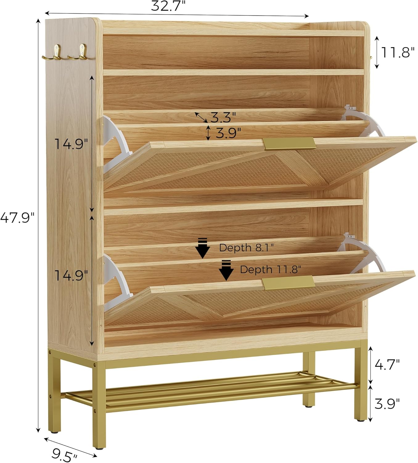 IRONCK Shoe Storage Cabinet with 2 Flip Drawers, 47.9" Tall Narrow Entryway Shoe Storage, Free Standing with 4 Side Hooks and Bottom Metal Rack, Natural Rattan Shoe Rack for Hallway and Entryway