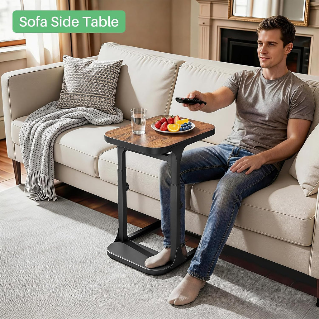 Kitstorack Ultra Stable & Durable End Table, Ajustable Height C Shaped Side Table for Couch, Sofa Side Table with Thickened Metal Frame for Living Room, Bedroom, Rustic