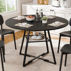 DUMOS 47" Round Dining Table for 4-6, Space Saving Kitchen Table with Dual-Tier Storage, Pedestal Metal Frame, Industrial Farmhouse Circle Dinner Table for Apartment, Black