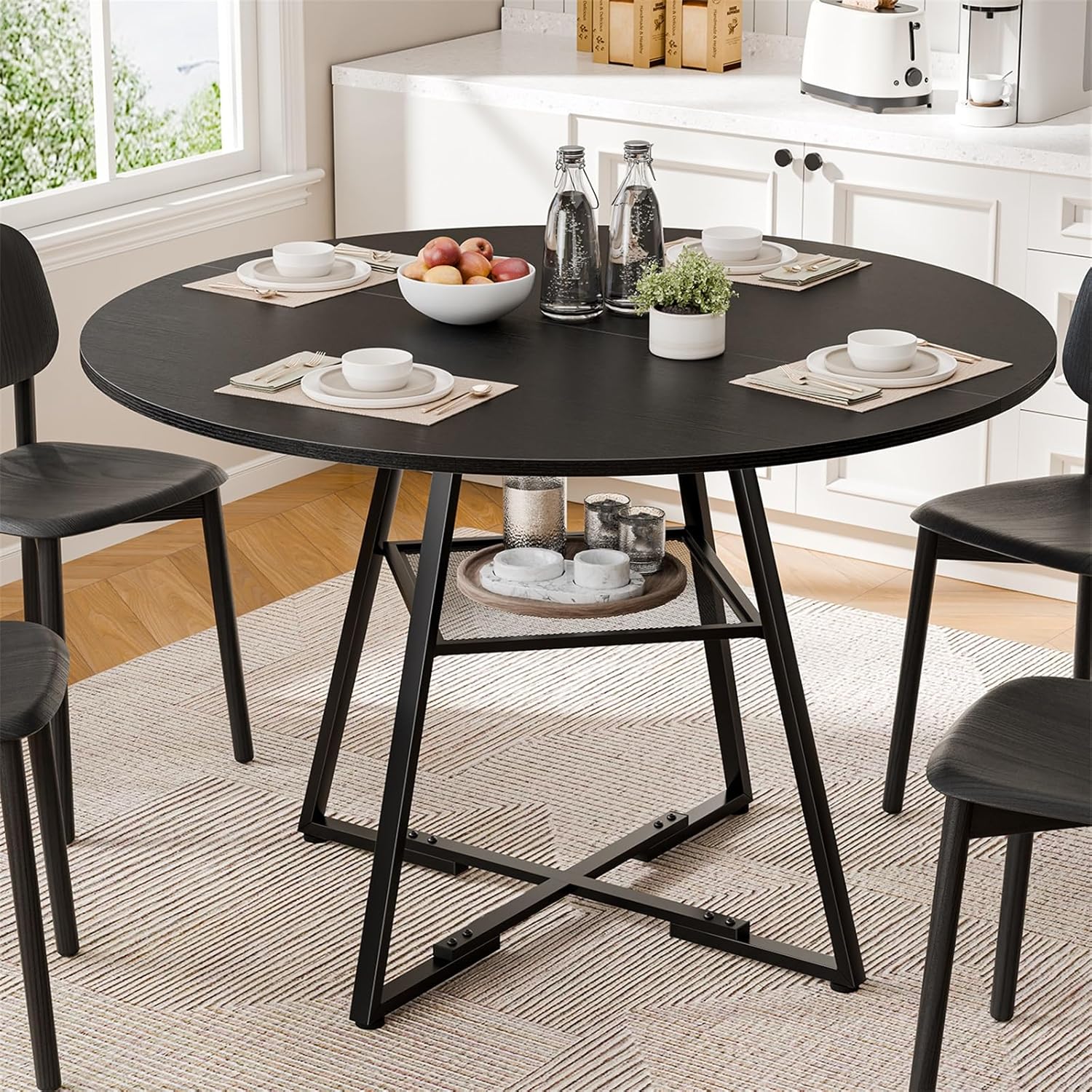 DUMOS 47" Round Dining Table for 4-6, Space Saving Kitchen Table with Dual-Tier Storage, Pedestal Metal Frame, Industrial Farmhouse Circle Dinner Table for Apartment, Black