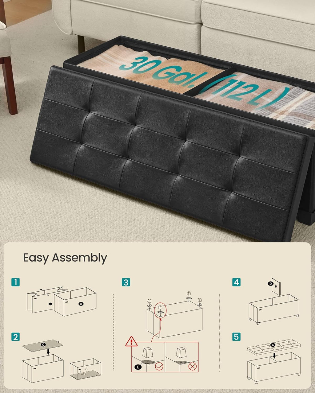 SONGMICS Storage Ottoman Bench with Legs, Folding Ottoman Foot Rest with Flipping Lid, Bench with Storage, for Living Room, Bedroom, Entryway, Synthetic Leather, 43.3 Inches, Ink Black ULSF085BH01