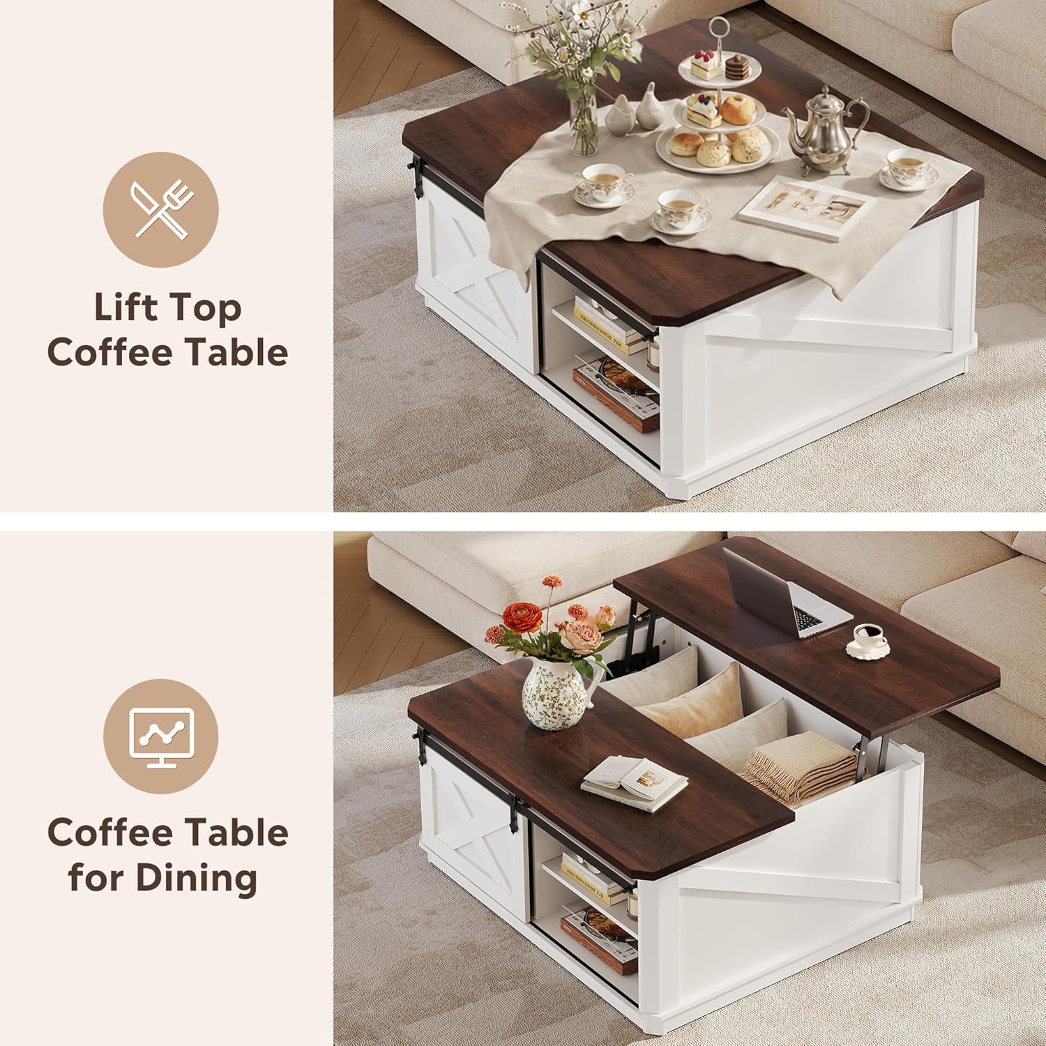 WLIVE Lift Top Coffee Table with Storage, 35.5" Farmhouse Coffee Table for Living Room, Square Center Table with Large Hidden Compartment and Adjustable Shelves White