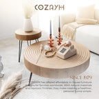 COZAYH 2-Piece Round Nesting Coffee Table Set, Natural Wood Top with Black Metal Legs, Ring Pattern – Rustic Farmhouse Accent for Living Room or Bedroom – Space-Saving Modern Furniture