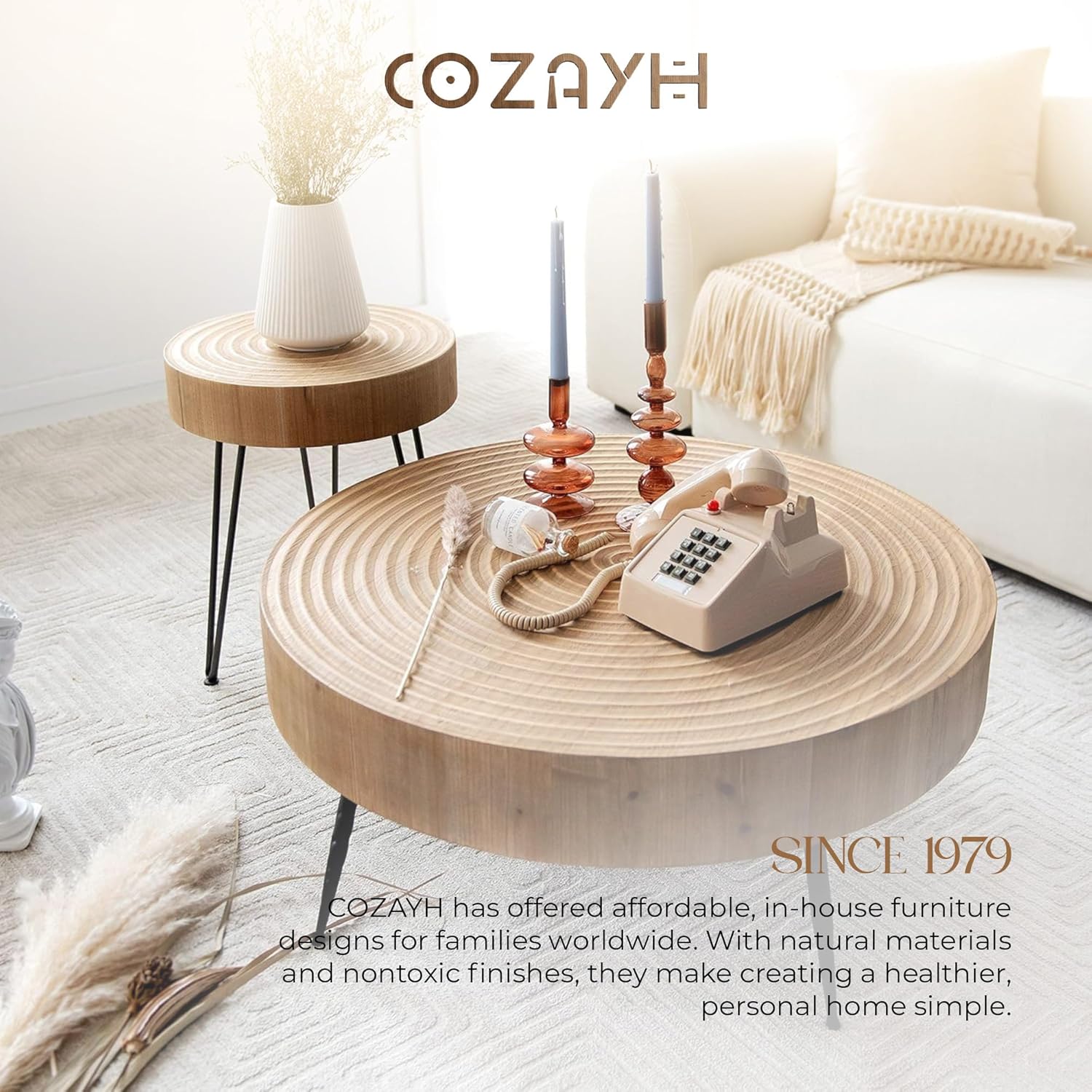 COZAYH 2-Piece Round Nesting Coffee Table Set, Natural Wood Top with Black Metal Legs, Ring Pattern – Rustic Farmhouse Accent for Living Room or Bedroom – Space-Saving Modern Furniture