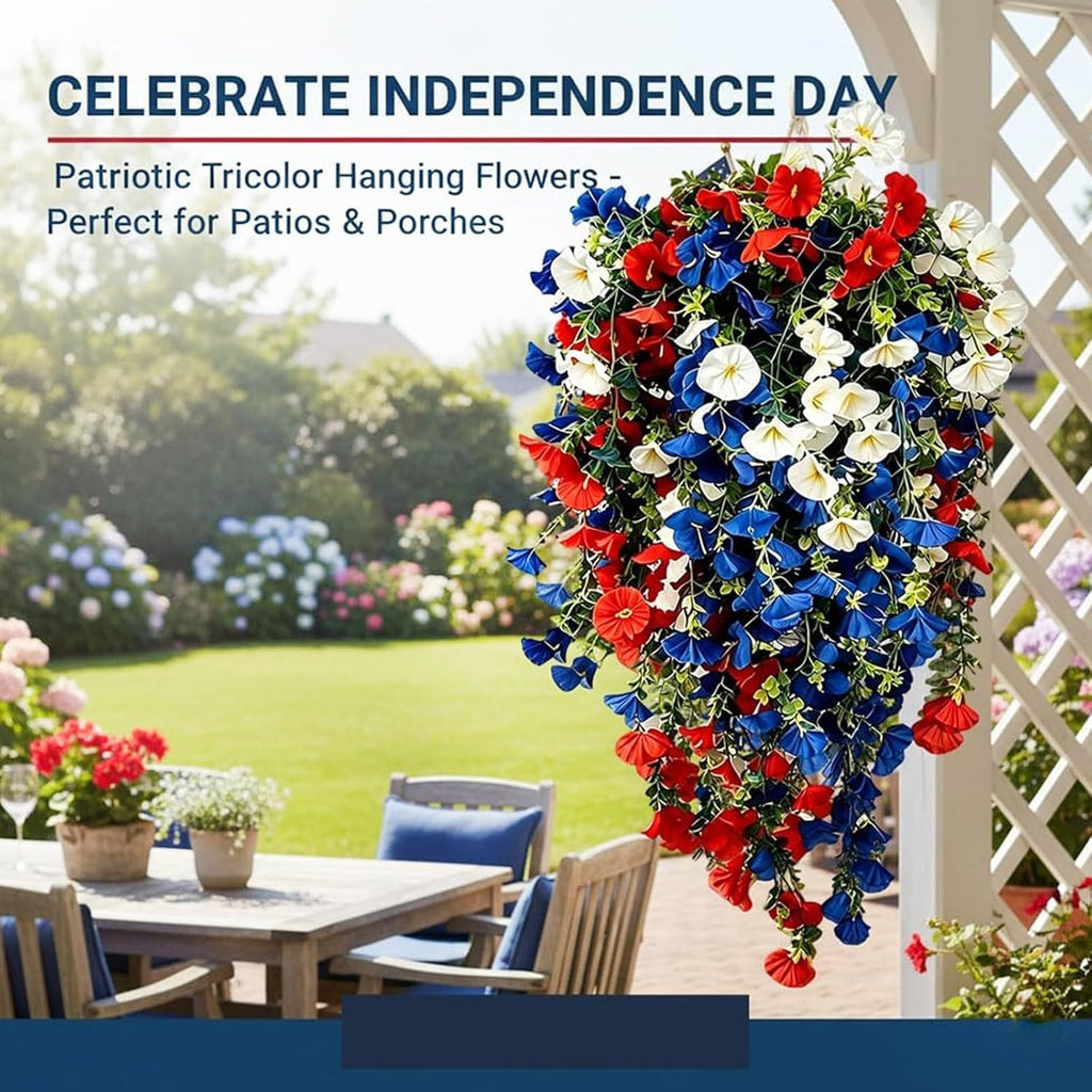 Red White and Blue Hanging Flowers, Patriotic Hanging Flower Baskets,Resistant Faux Silk Flowers, for Porch, Yard, Veterans Memorial Day Patio Home