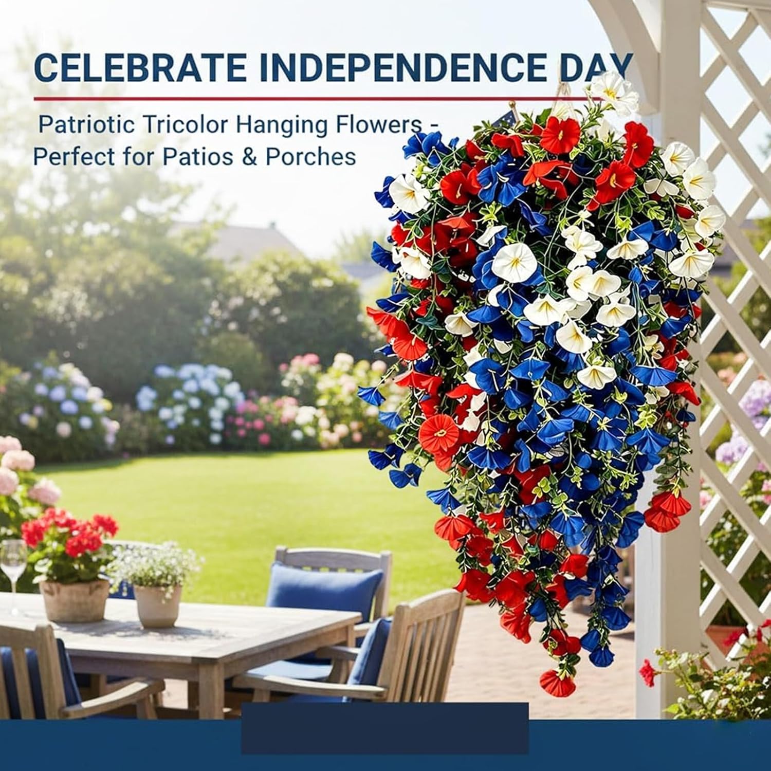 Red White and Blue Hanging Flowers, Patriotic Hanging Flower Baskets,Resistant Faux Silk Flowers, for Porch, Yard, Veterans Memorial Day Patio Home