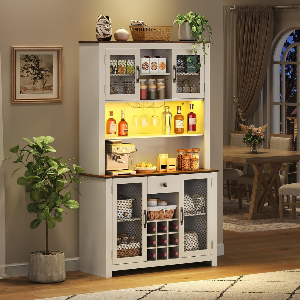 70.9” Kitchen Pantry Cabinet, Farmhouse Rustic Buffet Hutch with LED Lighting and Power Outlets, Large Food Pantry Cabinet with Doors and Adjustable Shelves, Storage Cabinet with Wine Rack for Kitchen