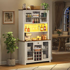 JIJIWANG 70.9" Kitchen Pantry Storage Rustic Buffet Cabinet,Kitchen Hutch Cabinet with LED Outlets Food Pantry Cabinets with Doors and Shelves Wine Rack for Dining Room,for Dining Room,White