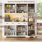 71" Tall Kitchen Pantry with LED Lights & Charging Station, Farmhouse Storage Cabinet with 4 Drawers & 6 Cabinets, Modern Kitchen Hutch for Dining Room with Adjustable Shelves, White