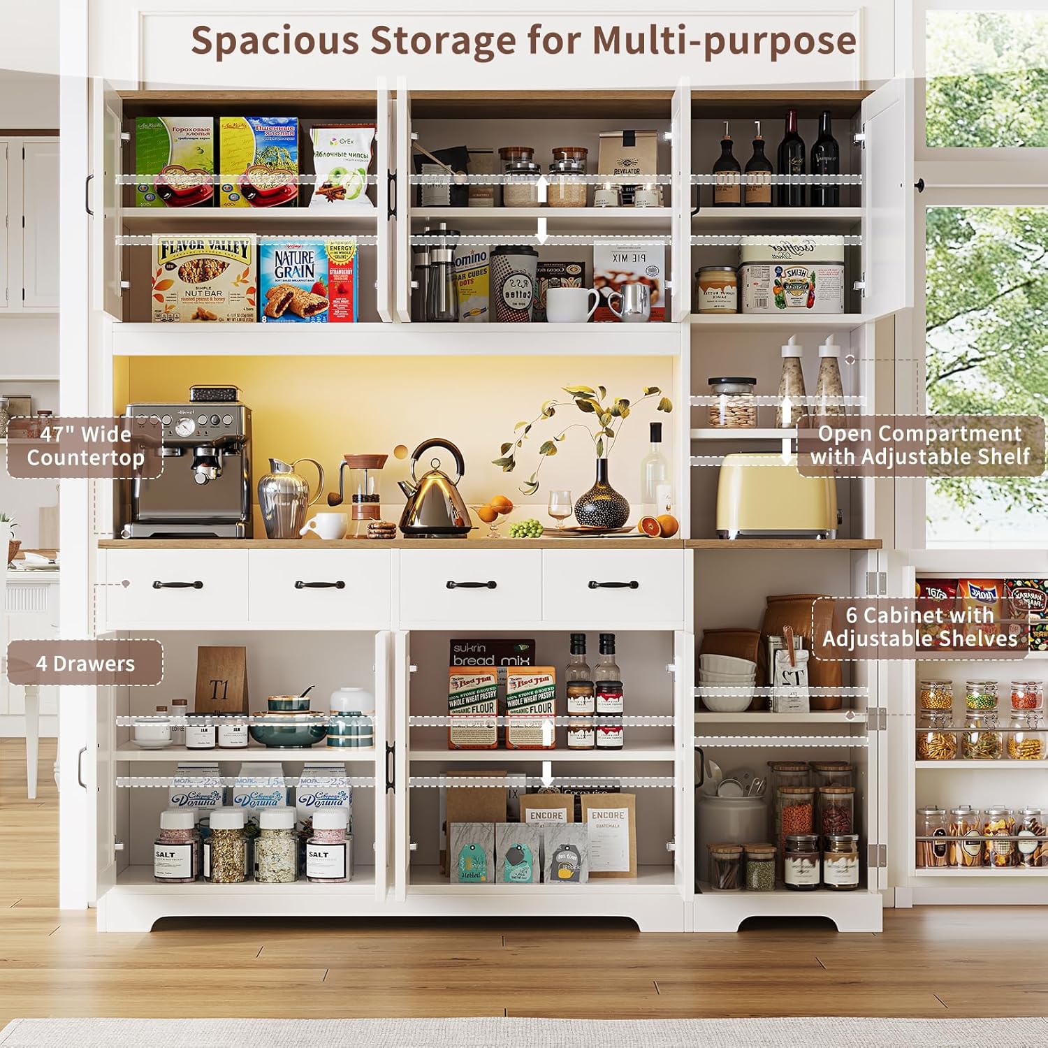 71" Tall Kitchen Pantry with LED Lights & Charging Station, Farmhouse Storage Cabinet with 4 Drawers & 6 Cabinets, Modern Kitchen Hutch for Dining Room with Adjustable Shelves, White