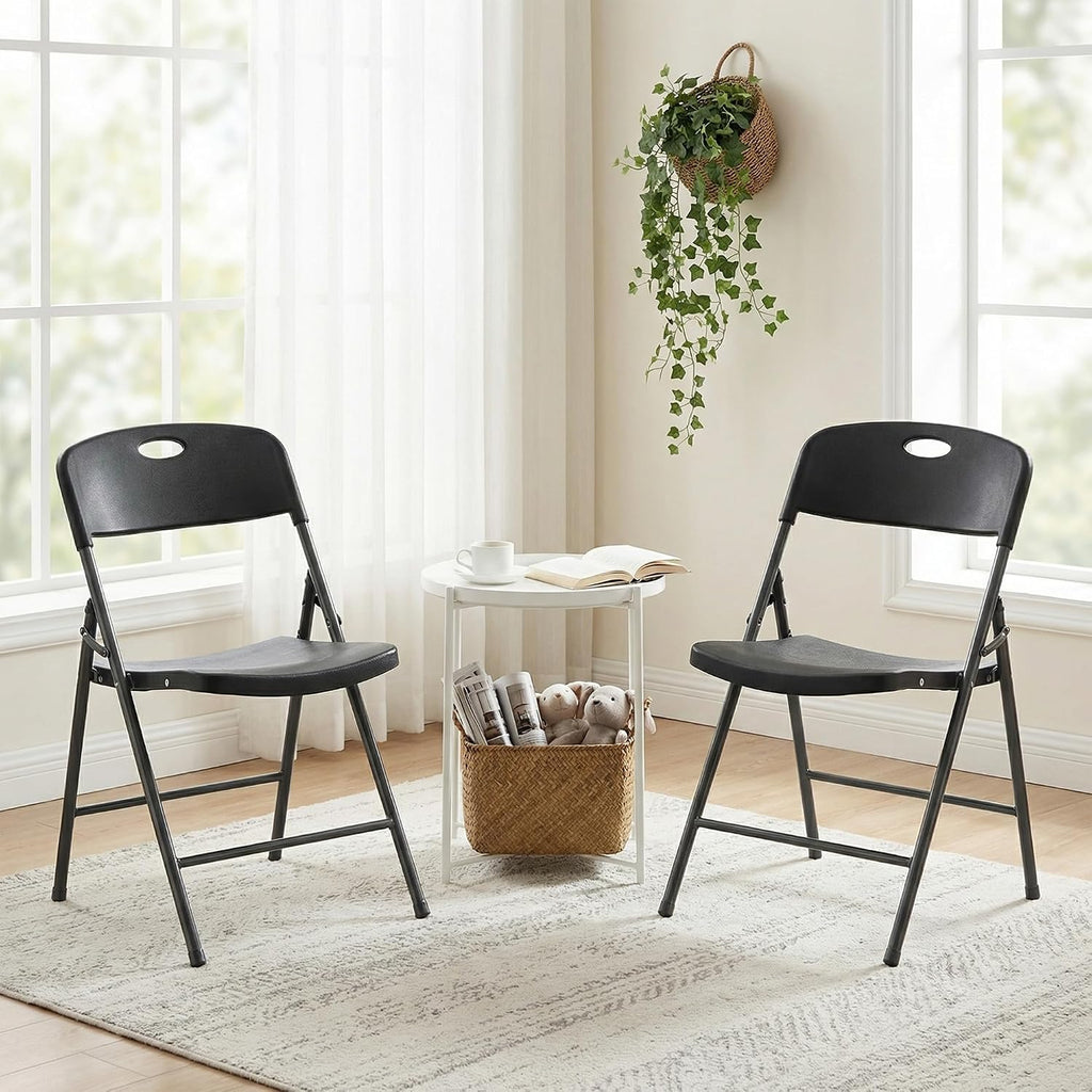 DUMOS 2 Pack Black Folding Chairs, Plastic Portable Stackable Dining Chairs with Metal Frame, for Indoor Outdoor, for Home and Office, Conference, Party, Event, Wedding, Birthday, Black