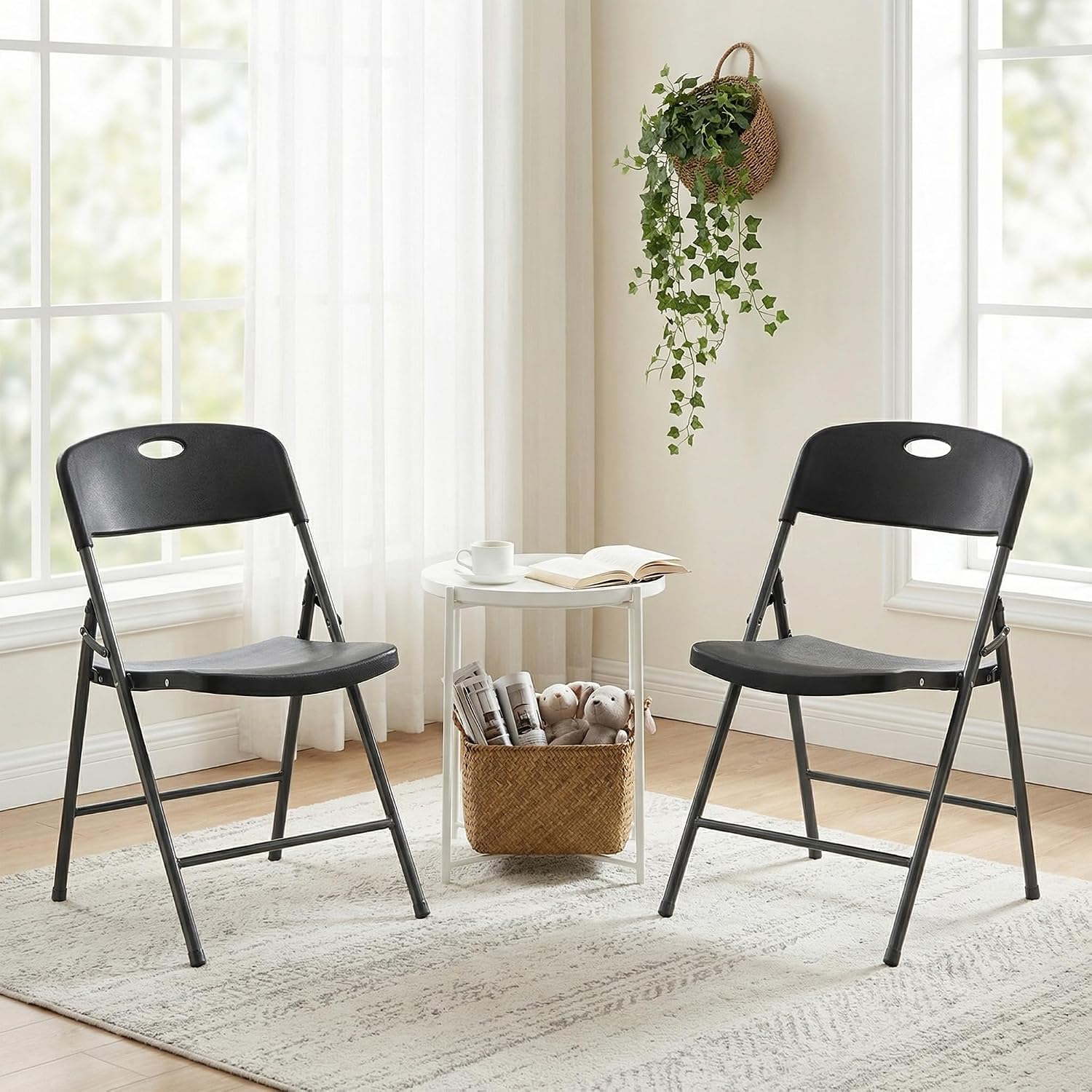 DUMOS 2 Pack Black Folding Chairs, Plastic Portable Stackable Dining Chairs with Metal Frame, for Indoor Outdoor, for Home and Office, Conference, Party, Event, Wedding, Birthday, Black