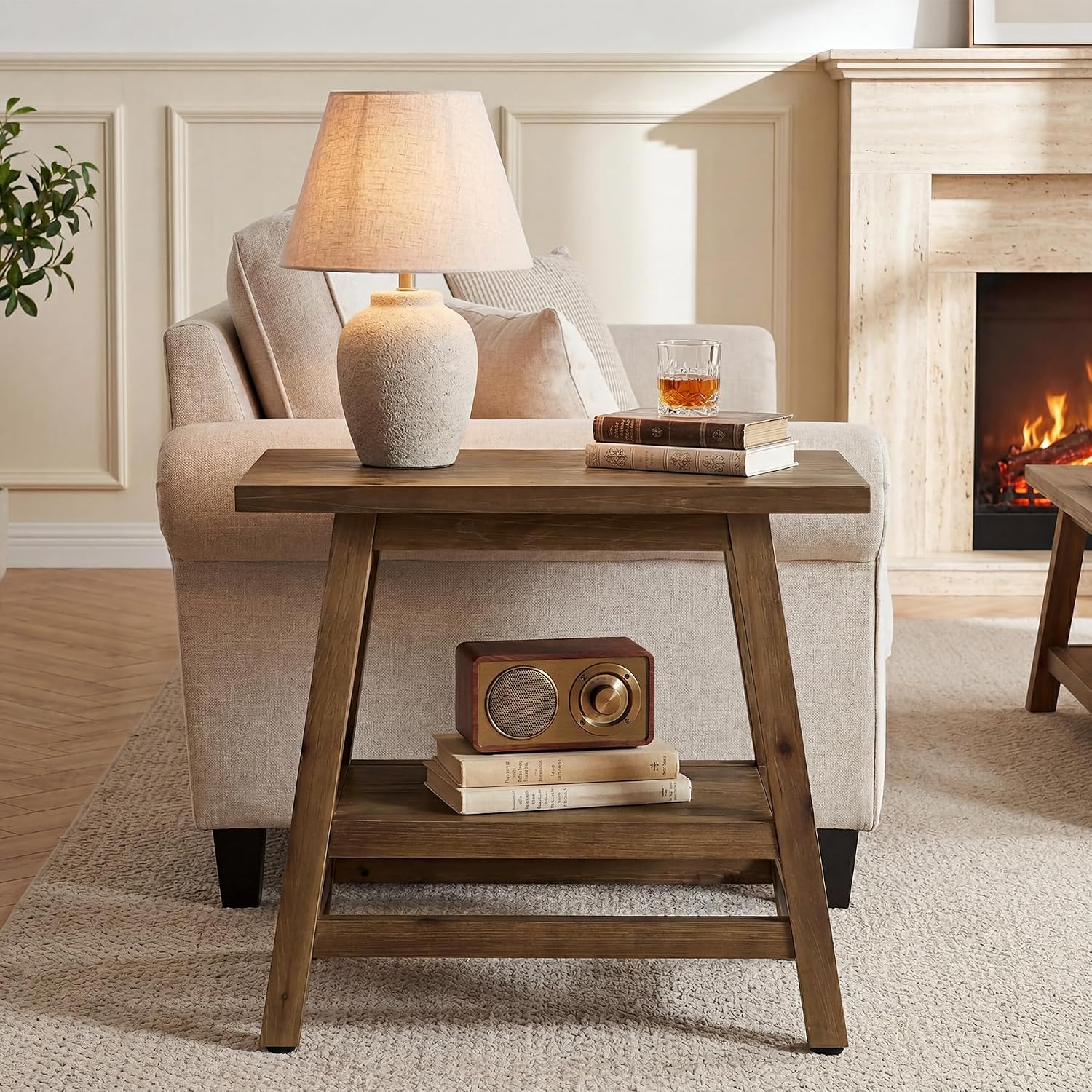 Solid Wood End Table, 2-Tier Small Side Table with Stable A-Frame, Farmhouse Narrow Nightstand, Rectangular Slim Accent Bedside Furniture for Small Spaces, Living Room, Bedroom