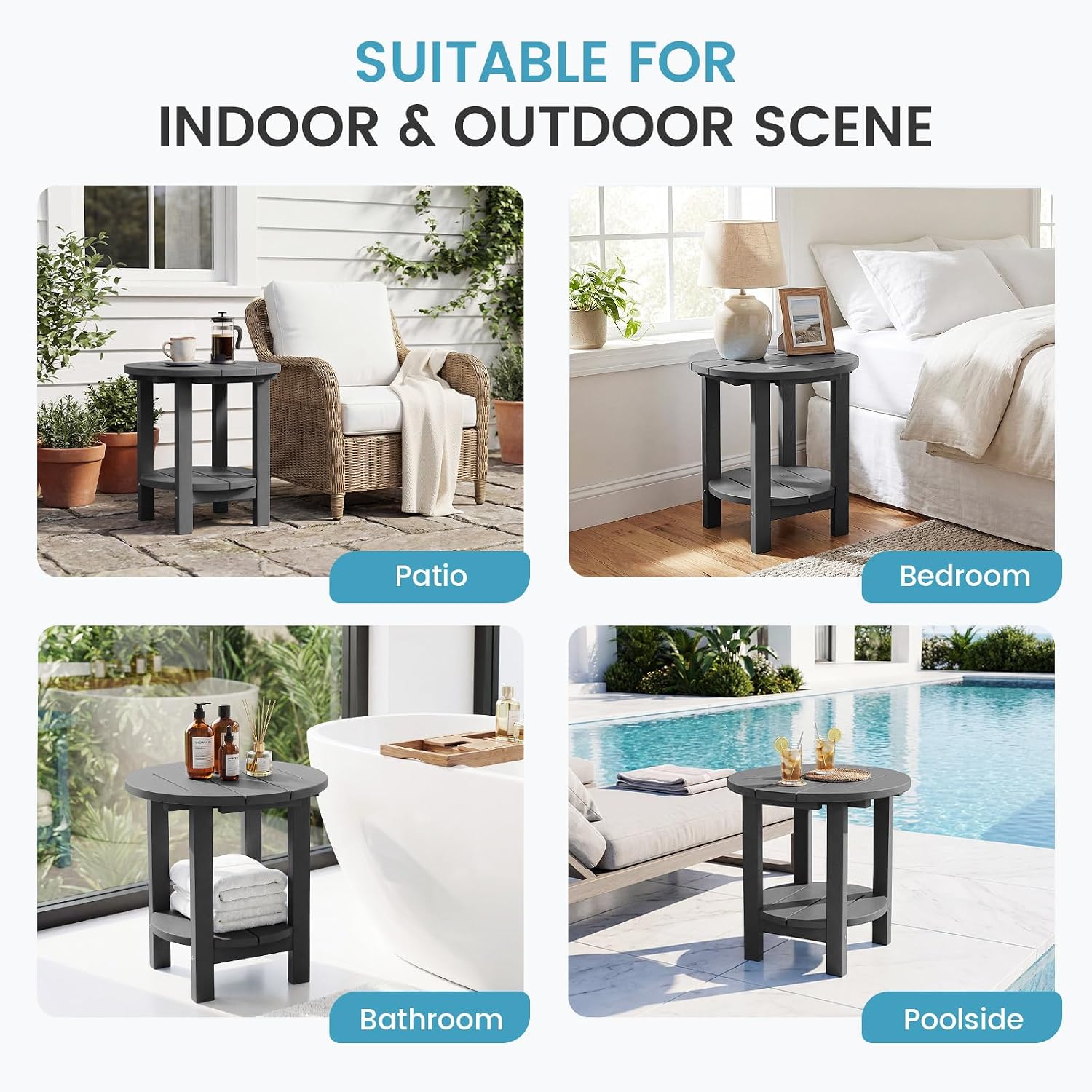 FUNDAZE 2-Tier Round HDPE Patio Side Table, End Tables for Living Room, Waterproof Indoor & Outdoor Small Table for Poolside, Garden, Gray