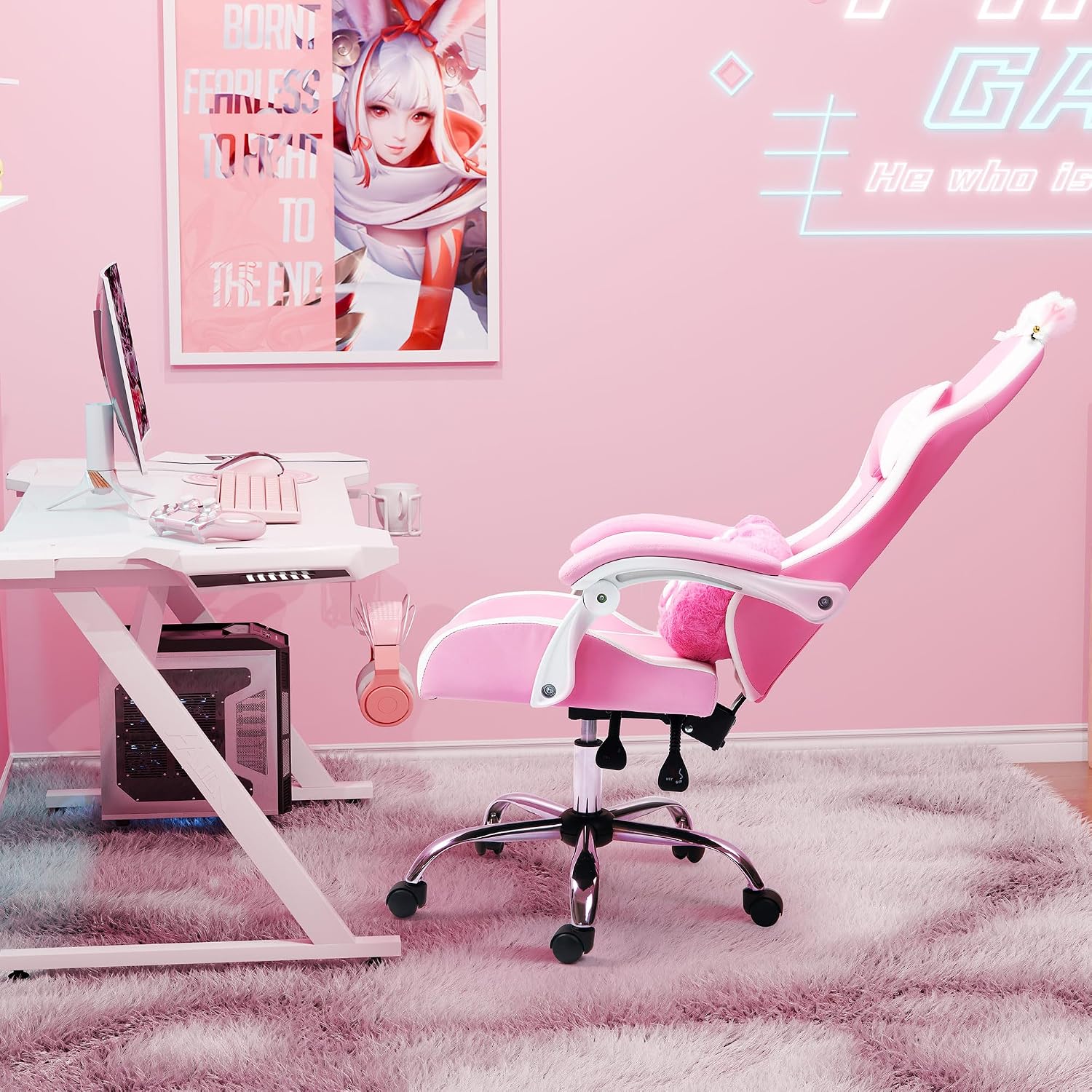 Pink Gaming Chair with Cat Paw Lumbar Cushion and Cat Ears, Reclining PC Game Computer Chairs, Ergonomic Gamer Chair for Kids, Girls, Teens