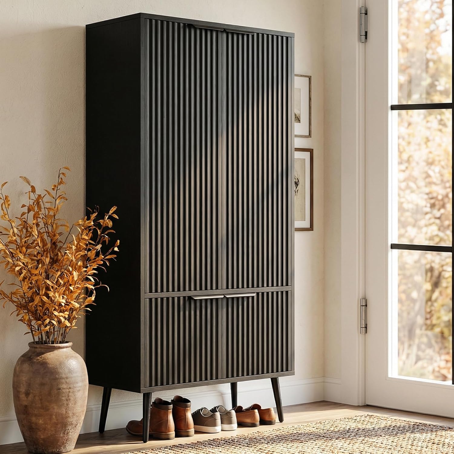 Ebony Fluted 51" Tall Wooden Kitchen Pantry Storage Cabinet Food Organize with Adjustable Shelves, Modern Accent Cabinet Sideboard Buffet for Dining Room, Entryway, Bathroom, Home Office