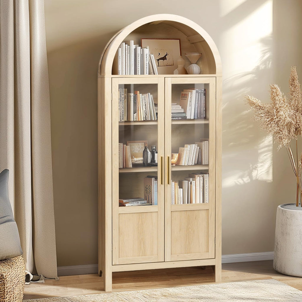 Arched Storage Cabinet with 2 Doors and 5-Tier Shelves for Living Room, 71" Tall Wooden Pantry Cabinet for Dining Room and Kitchen, Floor Bathroom Organizer, Natural Wood Color