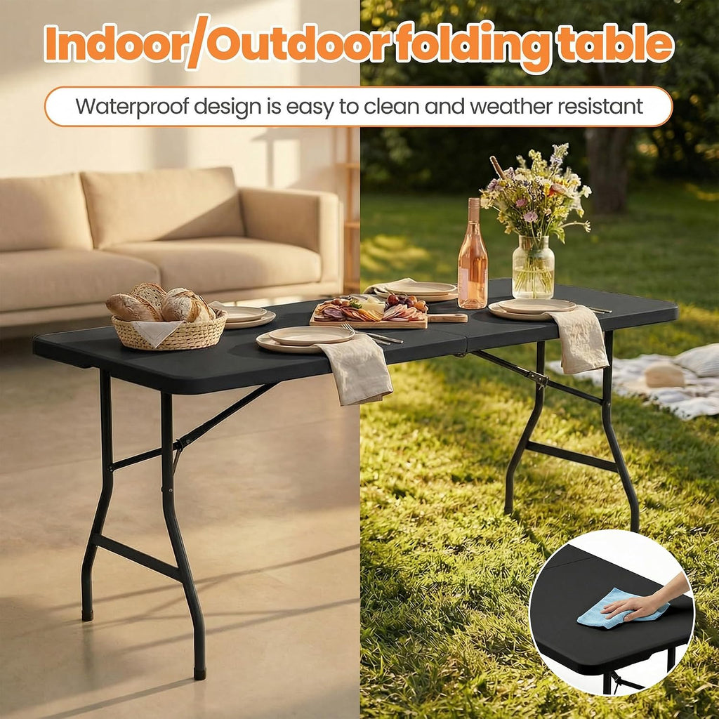 2 Pack Folding Table 6FT Heavy Duty Plastic Utility Table with Carrying Handle for Camping, Party, Picnic, BBQ, Banquet, Folds in Half for Easy Storage, No Assembly Required, Black