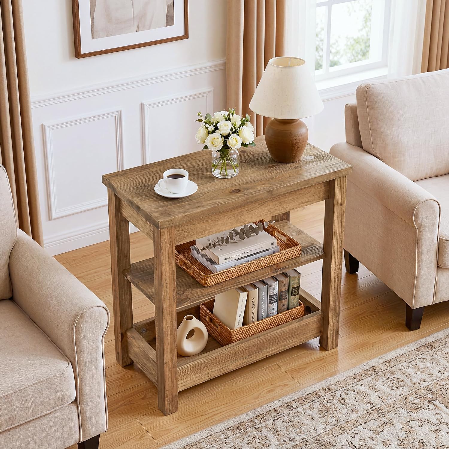 Solid Wood End Table, Farmhouse Narrow Sofa Side Table with 3-Tier Storage Shelf, Small Rectangular Nightstand for Living Room, Bedroom, Small Space, Space-Saving, Brown