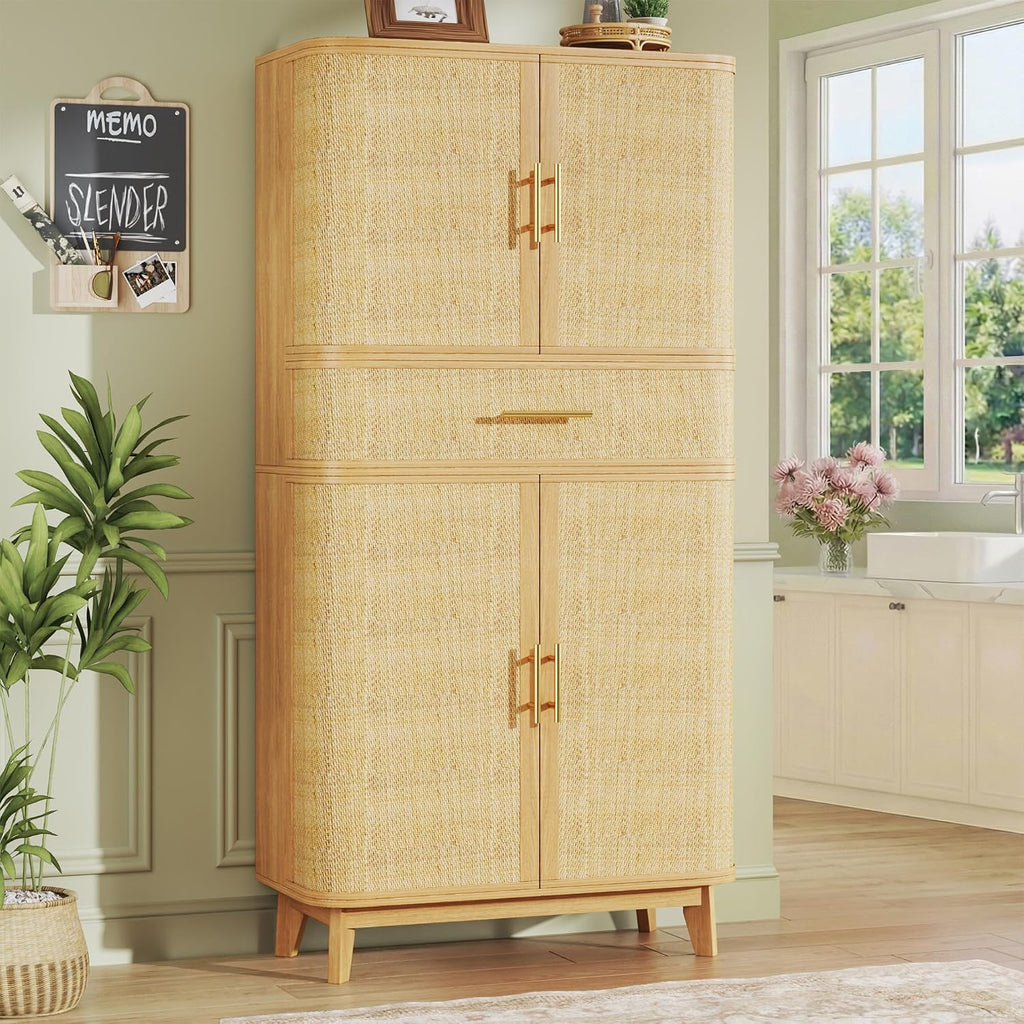 HUAHUU Kitchen Pantry Cabinet, 71" Tall Pantry Storage Cabinet with Rattan Doors, Large Drawer, Modern Curved Cabinets for Kitchen, Dining Living Room, 10 Compartment Wooden Food Pantry, Natural