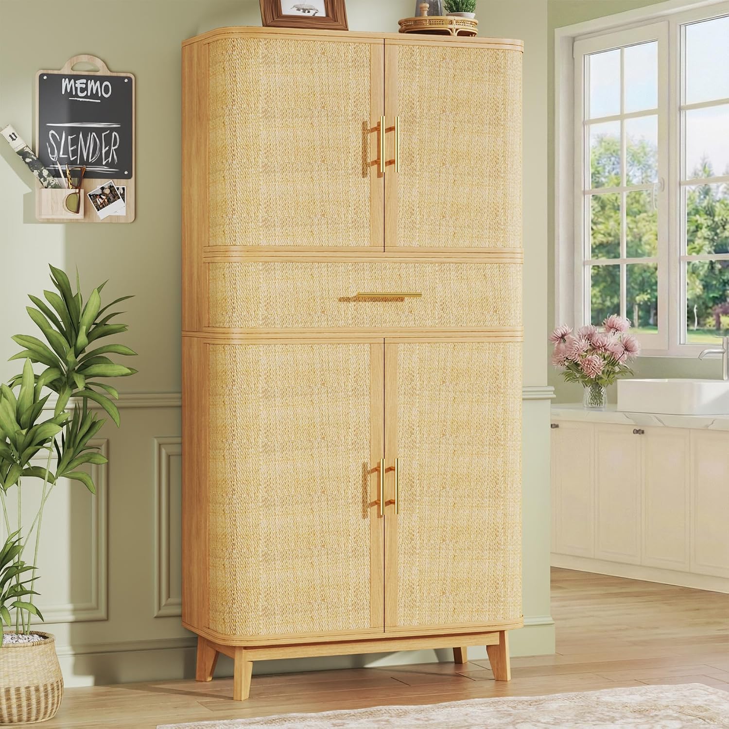 HUAHUU Kitchen Pantry Cabinet, 71" Tall Pantry Storage Cabinet with Rattan Doors, Large Drawer, Modern Curved Cabinets for Kitchen, Dining Living Room, 10 Compartment Wooden Food Pantry, Natural